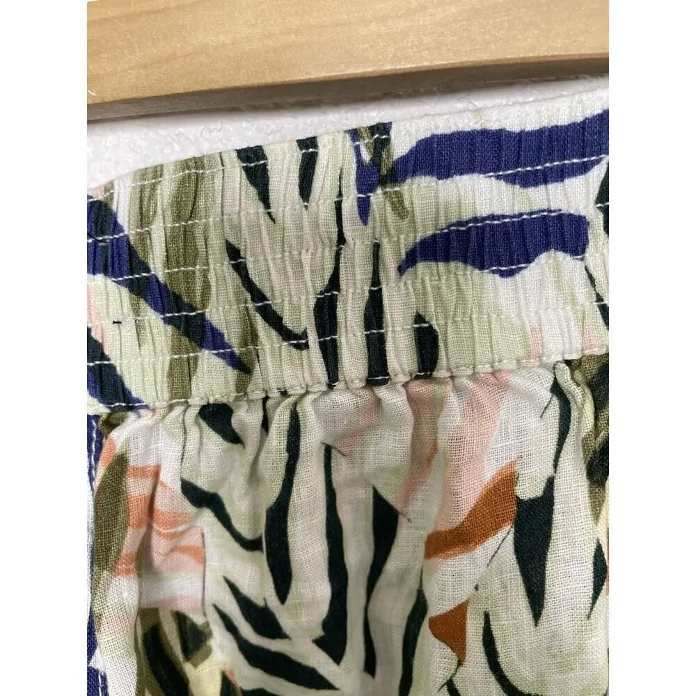 Tahari Size L 100% Linen Wide Leg Crop Pants Tropical Print Pull On